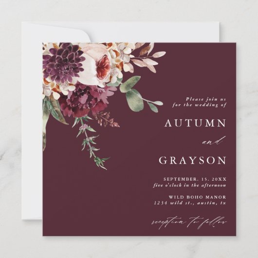 Invitation Automne Romance Bourgogne Aquarelle Mariage Carré (Devant)