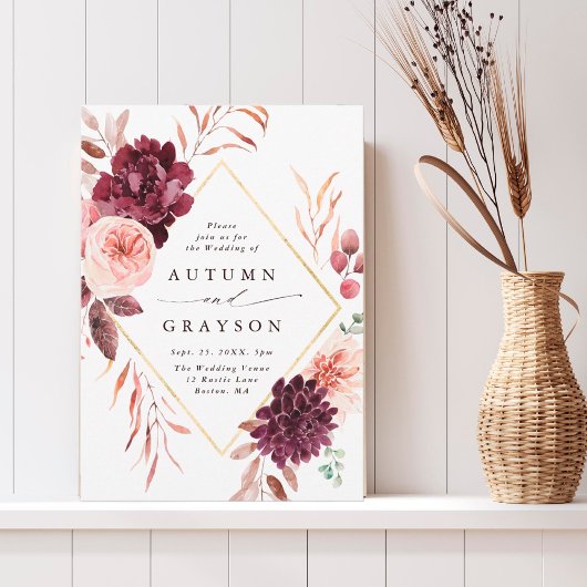 Invitation Automne Romance Gold Frame Bourgogne Mariage
