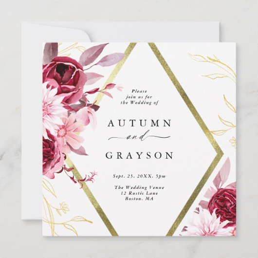 Invitation Automne Romance Gold Frame Floral Mariage (Devant)