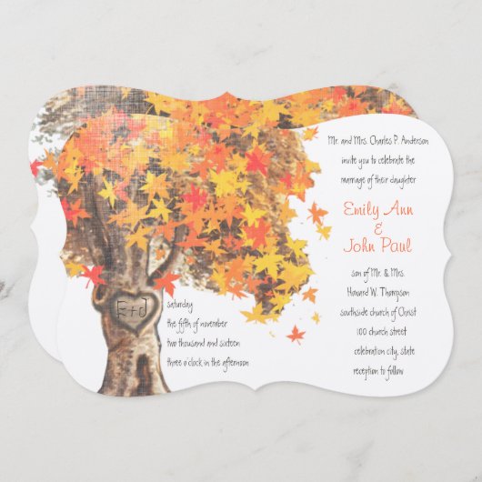 Invitation Automne Romantique Arbre Rustique Orange Jaune Mar (Devant / Derrière)