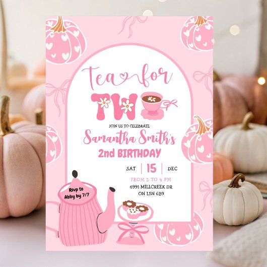 Invitation Automne Rose Whimsical Retro Tea Girl 2e anniversa