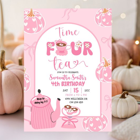 Invitation Automne Rose Whimsical Retro Tea Girl 4e anniversa