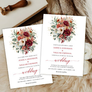 Invitation Automne Rouge Floral Boho Eucalyptus Mariage