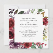 Invitation Automne Rouge Floral Carré Mariage (Devant)