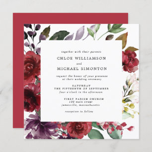 Invitation Automne Rouge Floral Carré Mariage