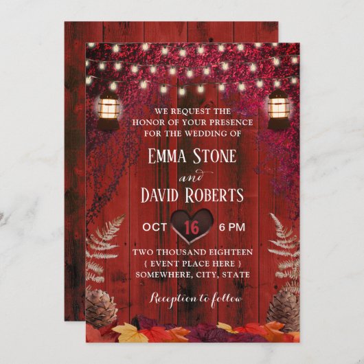 Invitation Automne Rouge Grange Bois Russe Mariage de automne (Devant / Derrière)
