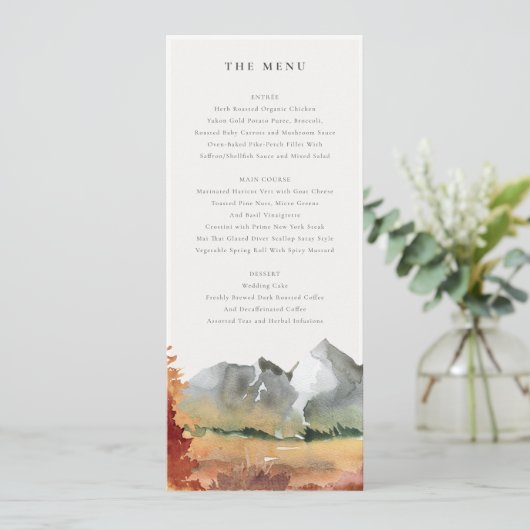 Invitation Automne Rouille Orange Mountain Trees Mariage Menu (Debout devant)