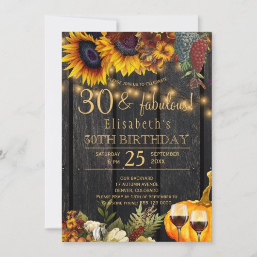 Invitation Automne rustique 30 et fête d'anniversaire fabuleu (Devant)