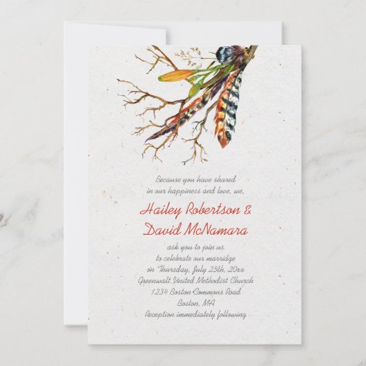 Invitation Automne Rustique Boho Feathers Vines Mariage | (Devant)