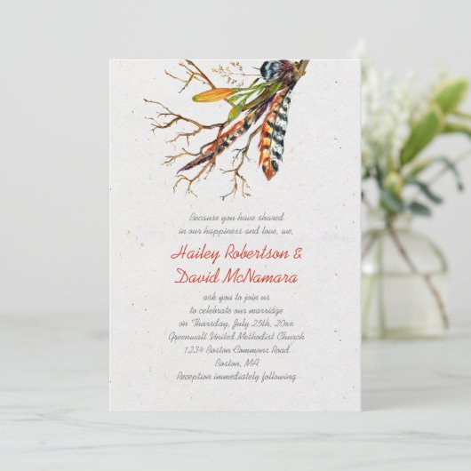 Invitation Automne Rustique Boho Feathers Vines Mariage | (Debout devant)