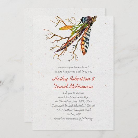 Invitation Automne Rustique Boho Feathers Vines Mariage | (Devant / Derrière)