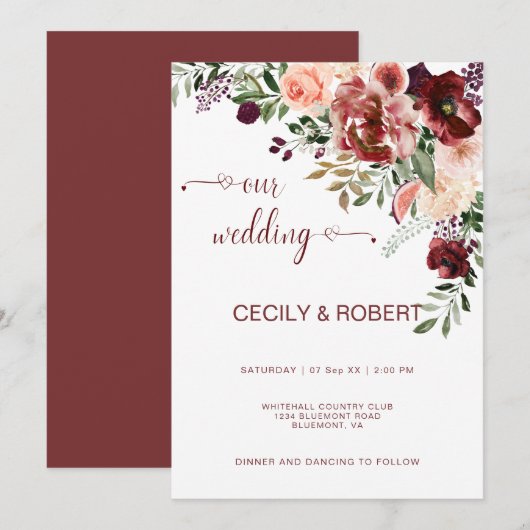 Invitation Automne rustique boho fleurs aquarelle cœur script (Devant / Derrière)