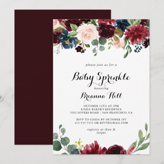 Invitation Automne Rustique Bourgogne Calligraphie Baby Sprin (Devant / Derrière)