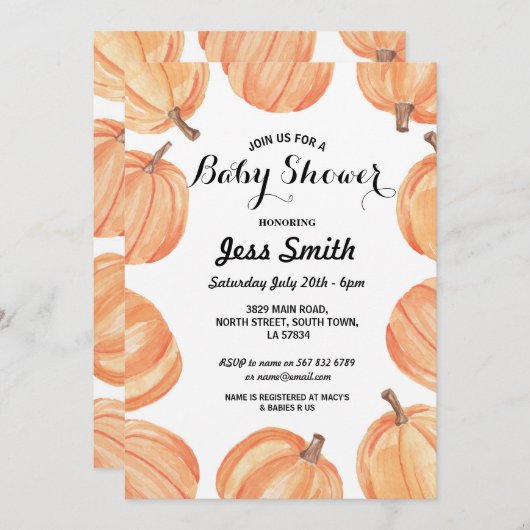 Invitation Automne rustique de citrouille d'aquarelle de (Devant / Derrière)