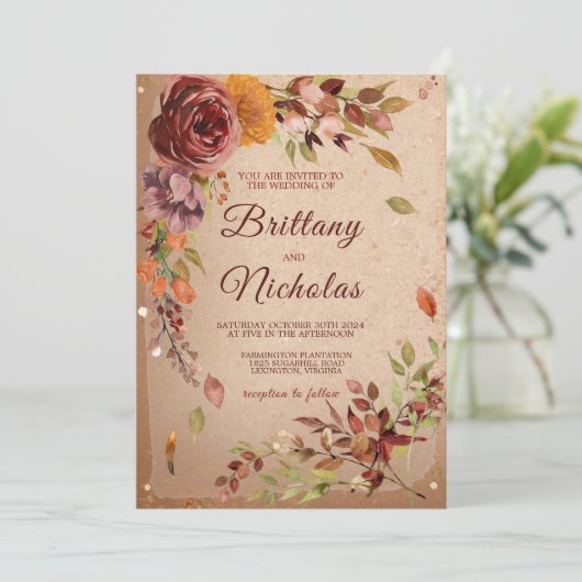 Invitation Automne Rustique Floraison Bourgogne Fardé Mariage (Debout devant)