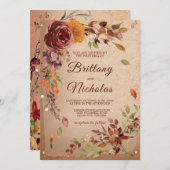 Invitation Automne Rustique Floraison Bourgogne Fardé Mariage (Devant / Derrière)