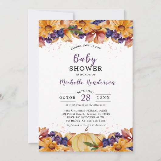 Invitation Automne Rustique floral violet Baby shower Invitat (Devant)