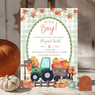 Invitation Automne Sage Green Citrouille Tracteur Baby shower