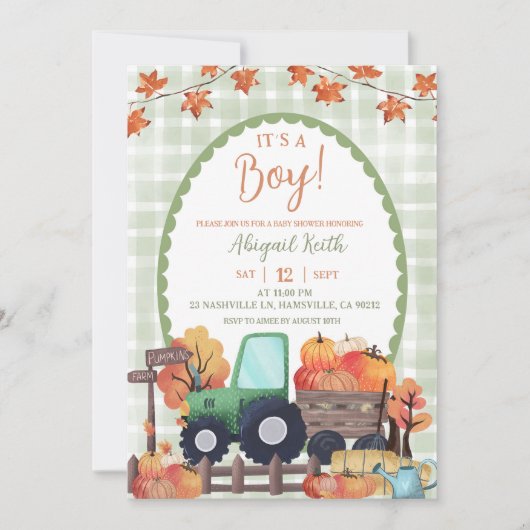 Invitation Automne Sage Green Citrouille Tracteur Baby shower (Devant)