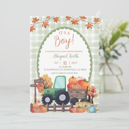Invitation Automne Sage Green Citrouille Tracteur Baby shower (Debout devant)