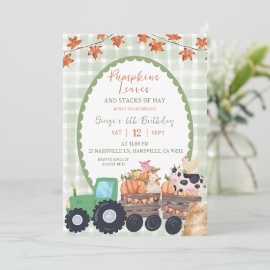 Invitation Automne Sage Vert Ferme Animaux Anniversaire (Debout devant)