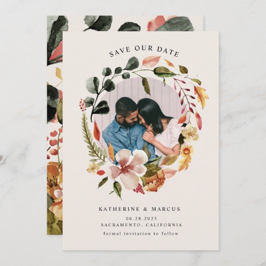 Invitation automne sentir couronne florale enregistrer la dat (Devant / Derrière)