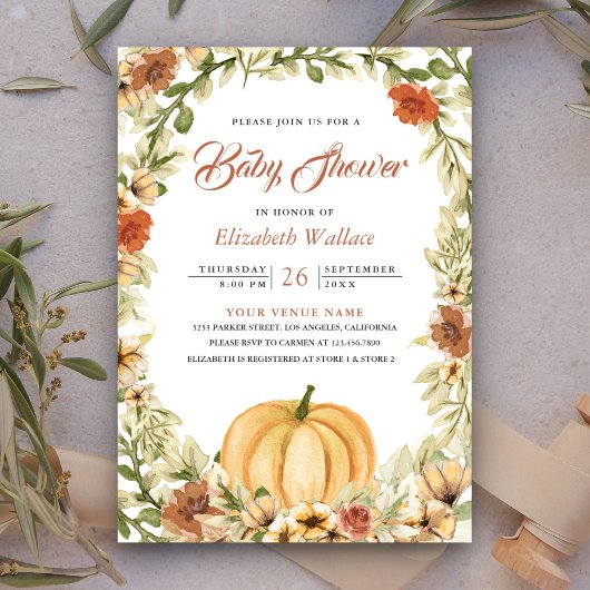 Invitation Automne Terme Citrouille Floral Terre Baby shower