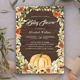 Invitation Automne Terme Floral Citrouille Baby shower Bois