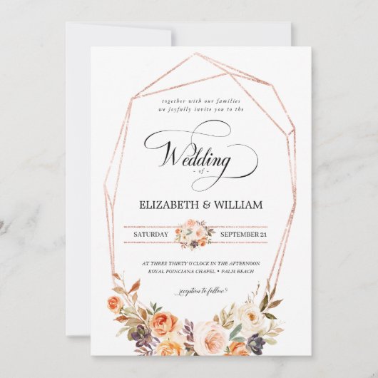 Invitation Automne Terracotta Cadre Floral QR Code Mariage (Devant)