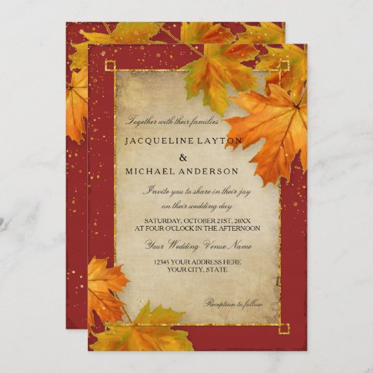 Invitation Automne Tomber Feuilles Feuilles Élégant Mariage (Devant / Derrière)