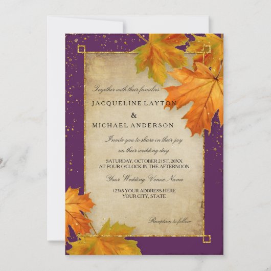 Invitation Automne Tomber Feuilles Feuilles Élégant Mariage (Devant)