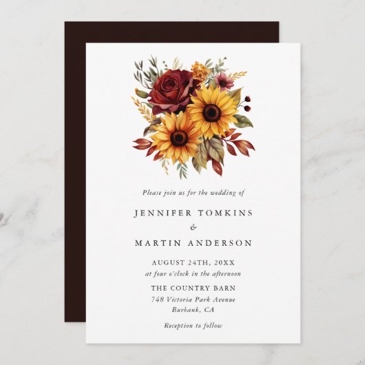 Invitation Automne Tournesol Rouge Rose Mariage Floral (Devant / Derrière)