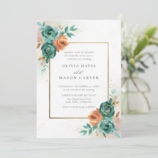 Invitation Automne Turquoise Burnt Orange Botanique Cadre Mar (Debout devant)