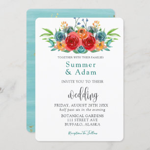 Invitation Automne Turquoise Rouge Orange Aquarelle Roses Mar