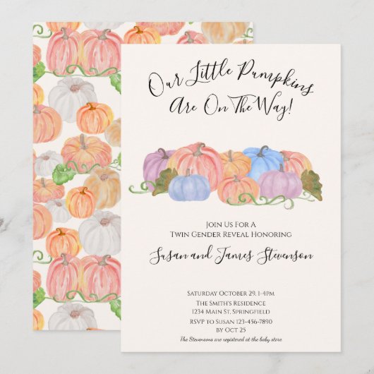 Invitation Automne Twin Genre Révéler Petit Thème Citrouille (Devant / Derrière)