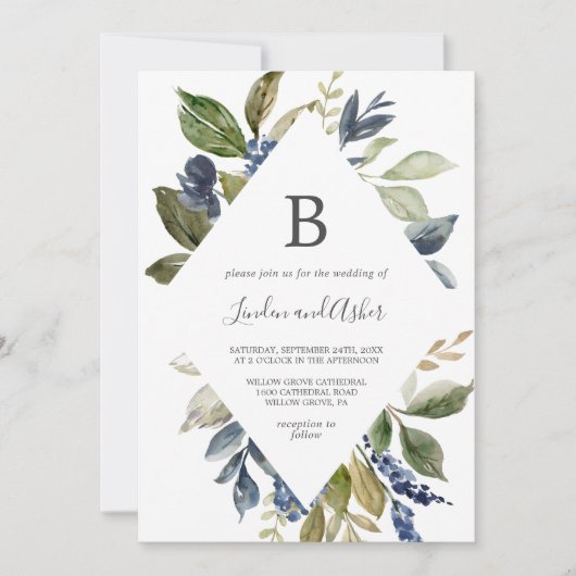 Invitation Automne Verdure Diamant Monogramme Mariage (Devant)