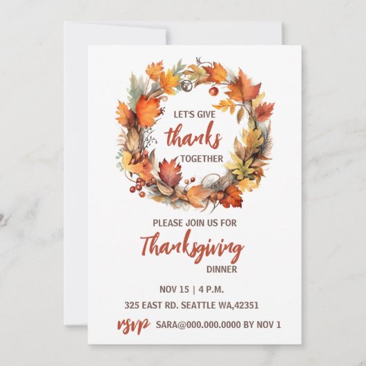 Invitation Automne Wreath Dîner d'action de grâces (Devant)