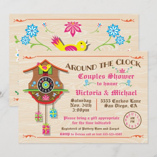 Invitation Autour de l'horloge Fête des mariées Folk art Cuck (Devant / Derrière)