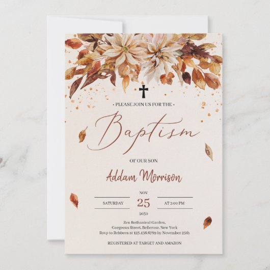 Invitation Autumn and Fall Orange Flowers Marigold Baptism (Devant)