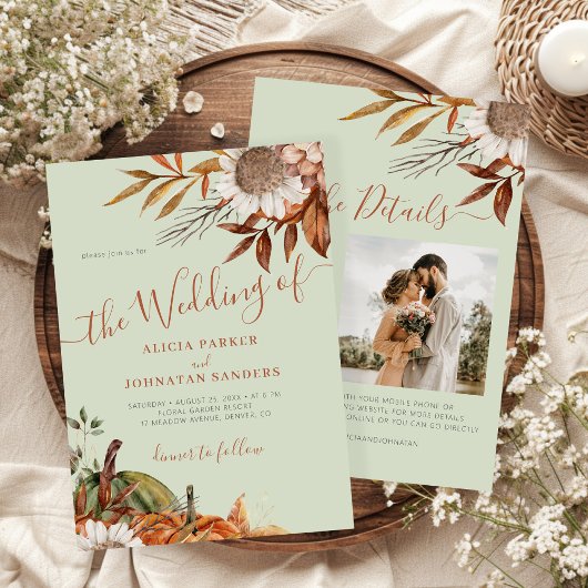 Invitation Autumn fall botanical sage green QR code wedding