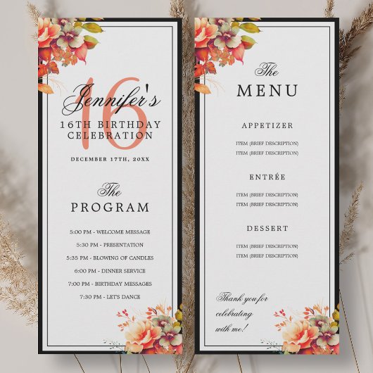 Invitation Autumn Fall Floral 16th Birthday Program Menu 