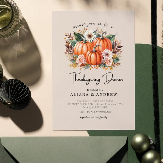 Invitation Autumn Floral Pumpkin Thanksgiving Dinner 