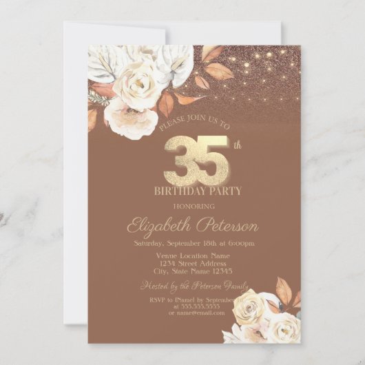 Invitation Autumn Flower Glitter Terracotta 35th Birthday (Devant)