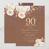 Invitation Autumn Flower Glitter Terracotta 90th Birthday (Devant / Derrière)