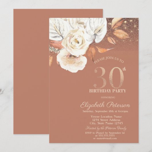 Invitation Autumn Flowers Lights Glitter 30th Birthday (Devant / Derrière)