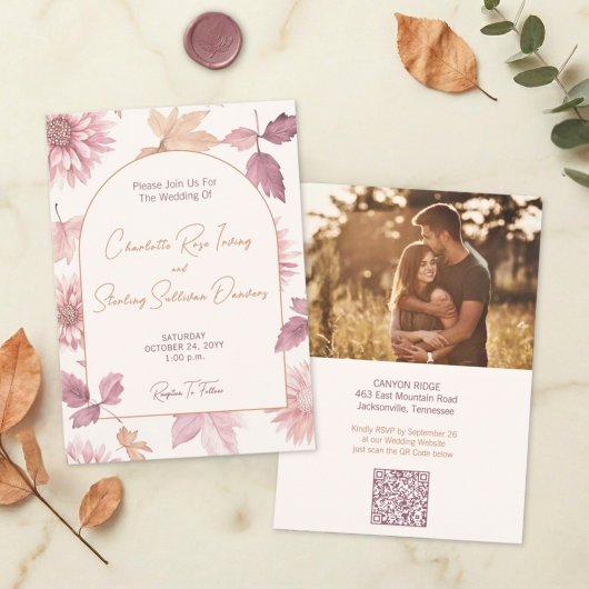 Invitation Autumn Leaves Blush Terracotta Photo Wedding
