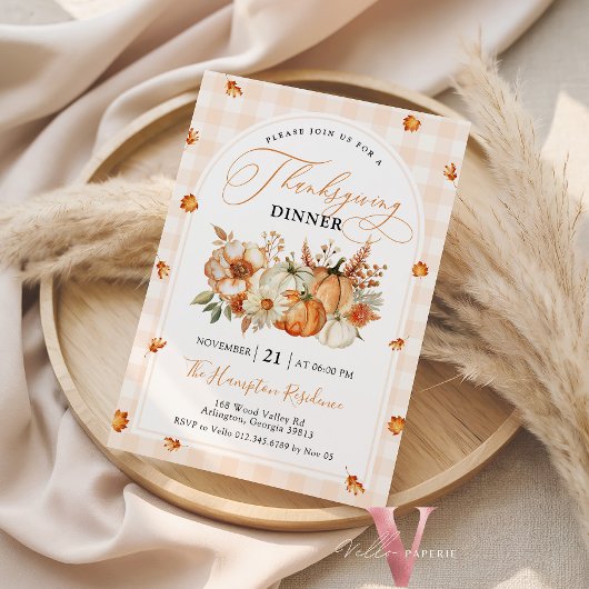 Invitation Autumn Leaves Pumpkin Gingham Thanksgiving Party