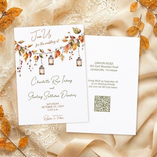 Invitation Autumn Leaves Rustic Watercolor Elegant Script