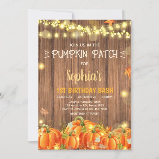 Invitation Autumn Rustic Pumpkin Patch Birthday (Devant)