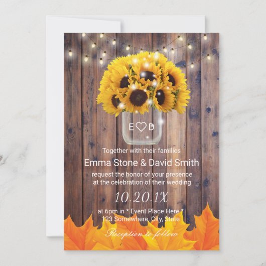 Invitation Autumn Sunflower Jar String lumières Mariage rusti (Devant)